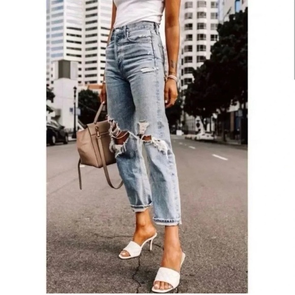 AGOLDE 90's Mid Rise Loose Fit Cotton Ripped Leg Jeans size 23 - Picture 4 of 12